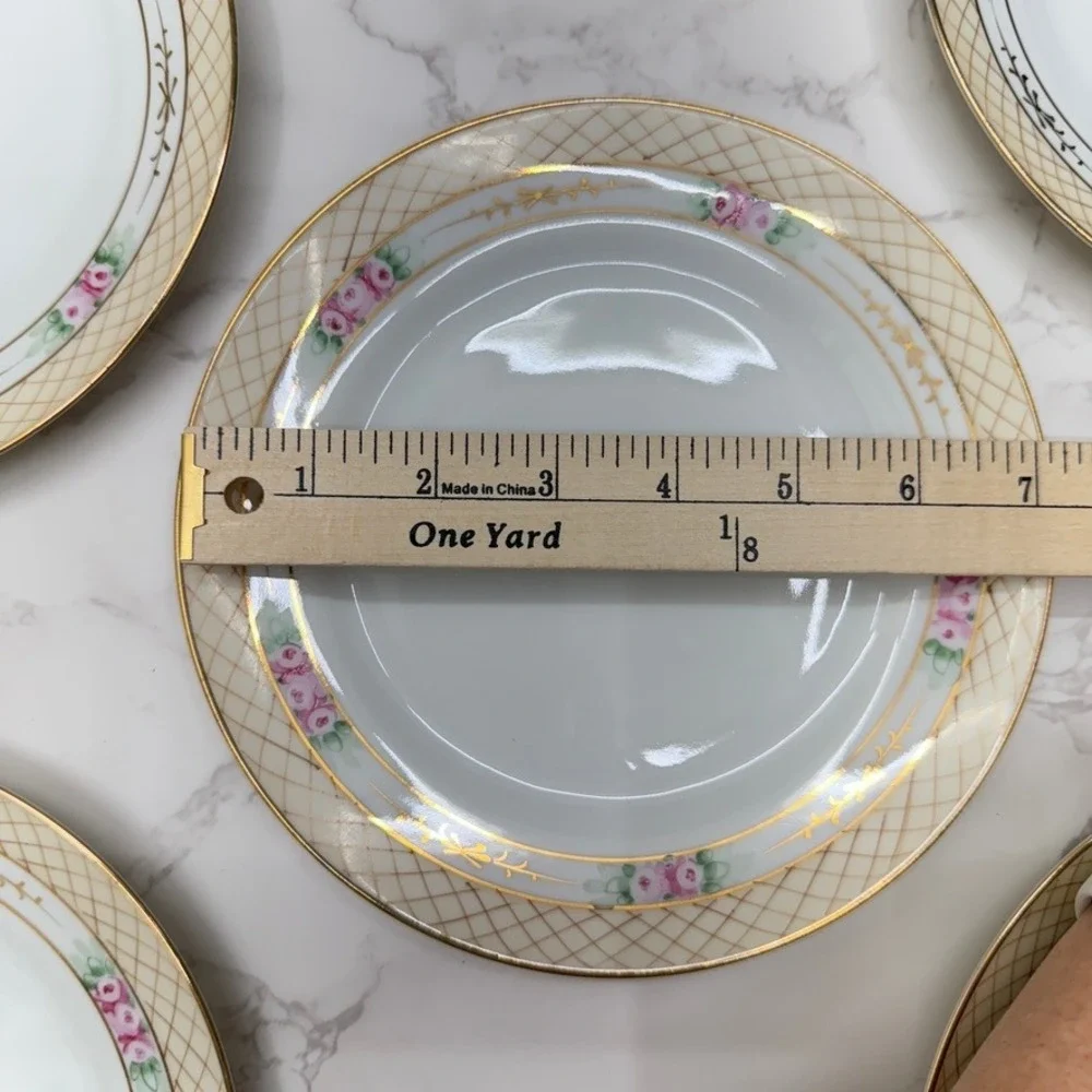 Vintage Nippon‎ Hand Painted Rose Lattice Porcelain Salad Plates 5 Gold Gilding